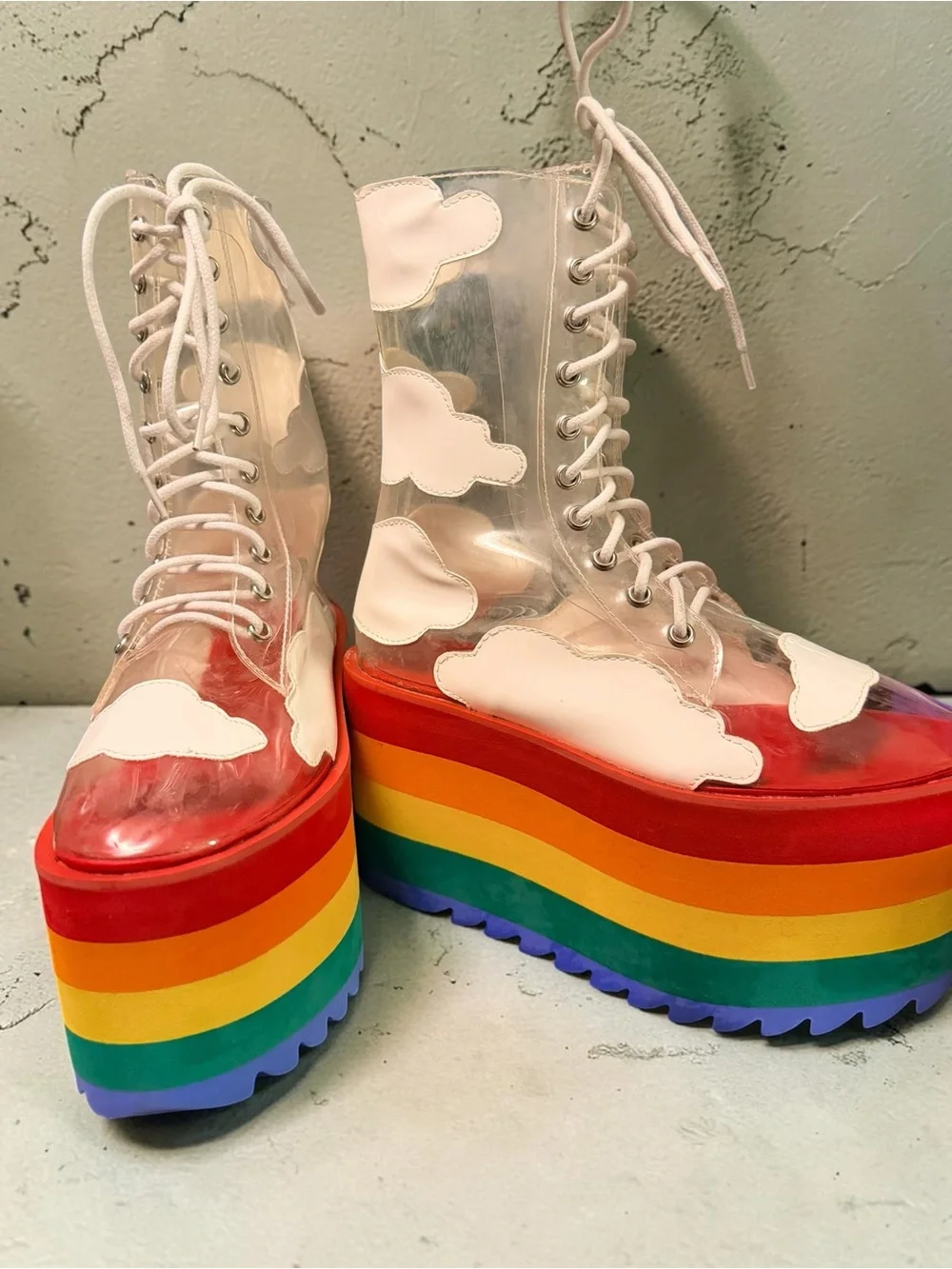 Dolls Kill Clear Pink Lace-Up Platform Boots with Rainbow Sole